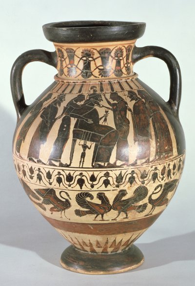 Attische Korinthische amphora die Zeus op zijn troon tijdens de geboorte van Athena afbeeldt door Greek